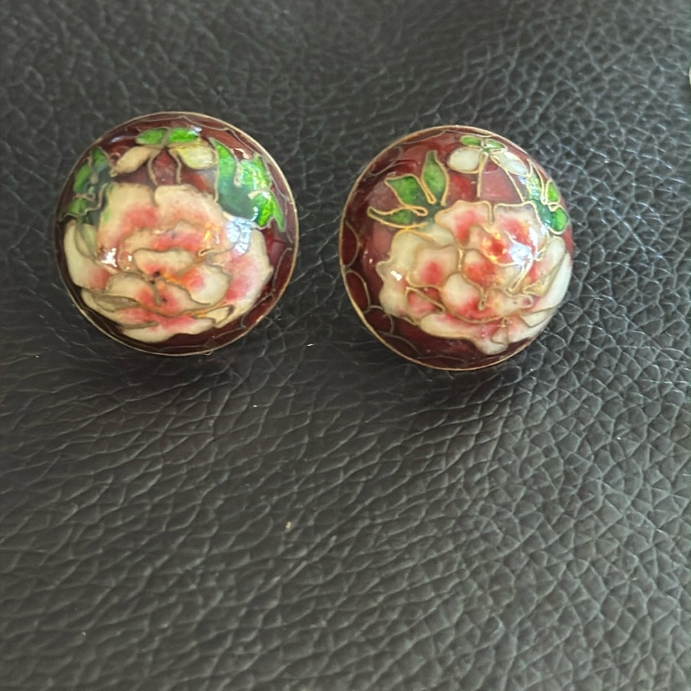 Vintage Floral Cloisonne Enamel Button Style Pierced Earrings